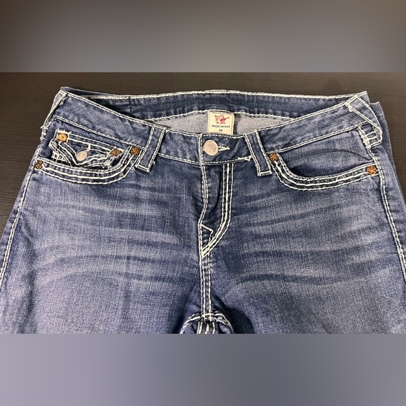 True Religion Blue Boot cut Low Rise Dark Wash horse shoe Denim Jeans Womens 30 - Picture 3 of 6